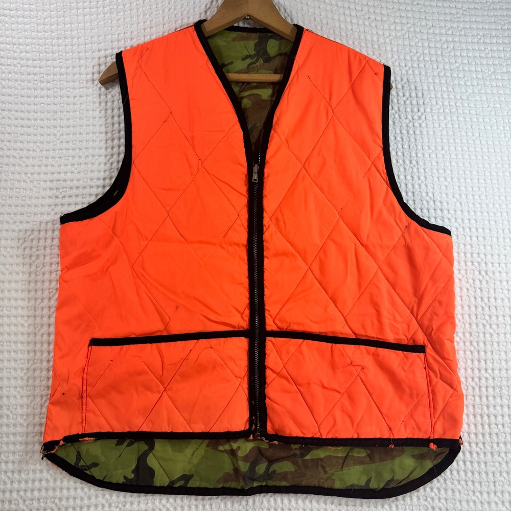 Unbranded Reversible Quilted Hunting Vest Camo Blaze Orange YKK‎ Zip Mens L XL